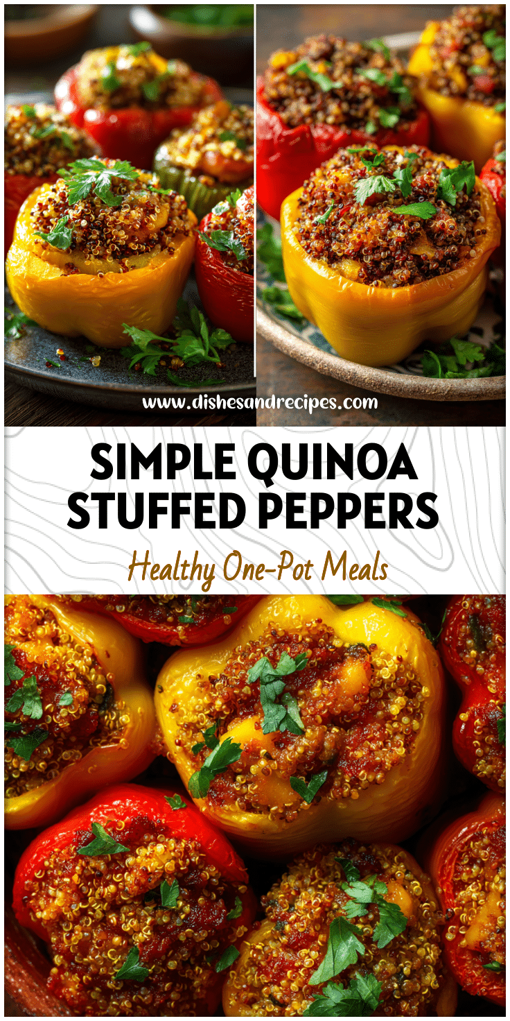 Closeup of stuffed peppers with quinoa and fresh herbs served on a rustic table